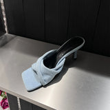 New Summer Denim Cross-Band Square Head Stiletto Slippers Wearing Fashionable High-Heeled Women's