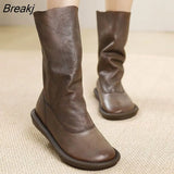 2023 Women's Boots Winter Autumn Leather Retro Flat Boots Flat Shoes Genuine Leather Boots for Women Platform