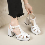 Hollow Out Roman High-Heeled Women Summer Season New Fashion Square Head Back Empty Thick With One Word Buckle Sandal