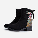 Breakj New Women's Boots Suede Cotton Boots And Velvet Inside The Middle Heel Ankle Boots To Keep Warm Fashion National Style Embroidered Cloth