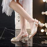 Women's Mid-heel 5.5CM 2023 Summer French Style Back Empty Female Thick Heel Square Toe Mary Jane Shoes Black Green Talon