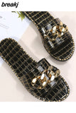 Size 35-43 Flat Leopard Women'S Slippers New European American Metal Chain Square Toe Flat Shoes Women'S Sandals