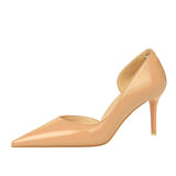 Breakj Korean Version Of Fashion Simple Thin Heel High Heel Bright Face Patent Leather Shallow Mouth Pointed Head Side Hollow High Heels Women's Singles
