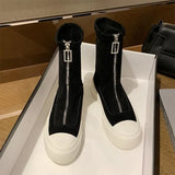 Boots Women New 2020 Zipper Round Toe Flat Heel Booties Ladies Rock Mid Calf Autumn Med Rubber Lolita