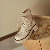 Women Genuine Leather Motorcycle Boots Platform Thick Heel Round Toe Shoes Med Heel Lace Up Ladies Boots Autumn