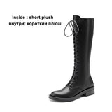 Women Genuine Leather Knee High Boots Round Toe Flat Platform Zipper Lace-up Boot Ladies Shoes Autumn Winter Black