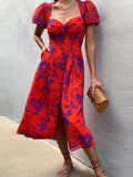 New Puff Sleeve Maxi Boho Dresses Women Sexy Low Chest V Neck Chic Dress 2022 Elegant Pattern Print Button Slit Long Party