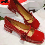 Women Flat Shoes Black Leather Shoes Flower Mary Jane Shoes Square Toe Square Heel Spring