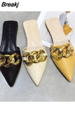 Women's Mules Shoes Pointed Toe Low Heel Women's Slippers Summer Metal Chain Female Sandals Woman Closed Toe Casual