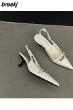 Slingback Sandals Women Med Heels Pumps Rivet Shoes Elegant Pointed Toe Female Mules Dress Slides Denim Sandalias