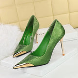 Breakj National Style Women's Shoes High Heels Silk Thin Heel Shallow Metal Pointed Head Satin Banquet High Heel Singles