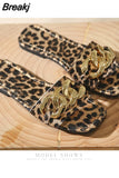 Women's Flip-Flops Square Toe Female Slippers Summer Shoes for Women Leopard print Chain Sandals Causal Slides Lady
