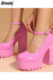Spring Chunky Heeled Ankle Strap Pumps Sweet Platform Pink Square Heel Woman High Heels Pumps Platform Shoes Woman