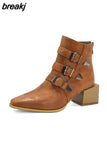 Boot Square Heel Women Boots Buckle Ankle New Pointed Toe Lady Shoes Spring Autumn Footwear Casual Heels