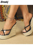 Club Queen Lady Sandals Plus Size 2023 Summer Wedge High Heeled Slipper Straw Bottom Simply Causal Platform Sandals