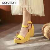 Summer New Luxury Women's Sandals Fashion and Comfortable Leather Straw Thick Bottom Super High Heel Wedge Heel