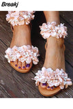 Summer Flat Sandals Women Flowers Handmade Beaded Rhinestones Pearl Lady Plus Size 43 Comfortable Sweet Women's