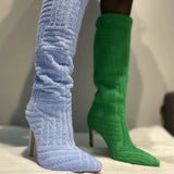 New Pointed Toe Warm Towel Boots Women's Autumn and Winter High-heeled Sleeve Large Size Boots Nude Boots Fur
