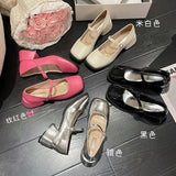 5CM Silver Thick Heels Mary Jane Shoes Women Buckle Strap Square Toe Pumps Woman Med Heele Patent Leather Shoes