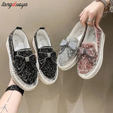 Women Flats Leather Loafers Spring Shoes Woman Crystal Sequins Bow-knot Platform Mesh Slides Moccasins Women size