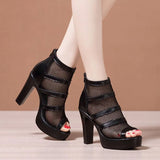 Thick-Heeled Sandals Women's 2023 Summer New Net Gauze Fish Mouth Shoes Women's Waterproof Table Hollowed-Out Roman