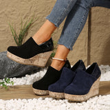 Breakj Slope Heel Single Shoe Women's Spring New Suede Leather Splicing Round