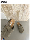 New Spring Suede Flats Close Toe Slippers Women Flat Thick Bottom Mules Shoes Fashion Outdoor Slides Retro Britain
