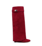 Lock Folded Woman Wedge Boots Black Leather Belt Height Increasing Knee High Boots Pointed Toe Winter Long Boots