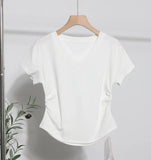Recommended For The Summer V-Neck Front Shoulder Short-Sleeved T-Shirt For Girls Slimming Hottie Drawstring Irregular Top