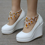 Queen Ankle Strap Wedges Pumps Large Size Bridal Women Rhinestone Platform Shoes Mary Jane High