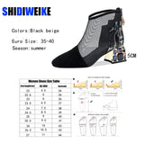 Mesh Sandals Boots Women Mesh Ankle Boot For Summer Mid Heel Rhinestone Ponited Toe Shoes Hollow Out Back Zip