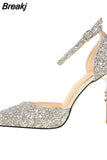 Elegant Party Sandals Metal Stiletto Glitter Pumps Luxury Women's Wedding Shoes Bride Gold Silver 2023 Women High