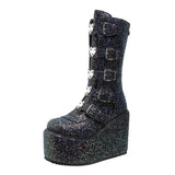 Women Sequin Boots Ladies Cosplay High Boots Comfort Long Tube Boots Pink Platform High Wedges Women Shoes Gothic