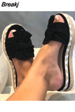 Women Bowknot Sandals 2023 Summer Casual Daily Comfy Slip On Platform Sandals Women's Toe Breathbale Weave