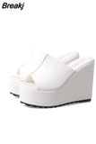 Concise Leather Peep Toe Wedges Slippers Sandals Women 12 CM High Heels Female Platform