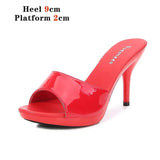 New Red Women Slippers Summer Heels Party Sandals Sexy Bottom Ladies Party Shoes Thin Heels Slides Narrow Band Women