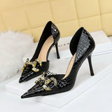 Breakj Banquet High Heels Fine Heel High Heel Shallow Tip Side Hollow Out Metal Diamond Buckle Single Shoes Women's