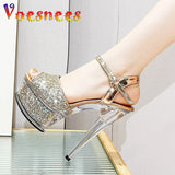 New 14.5CM High Heels Waterproof Platform Sequin Sandals Transparent Thick Bottom Crystal Shoes Women Wedding Party