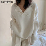 Elegant Turn-Down Collar Loose Women Sweaters Full Sleeve Solid Female Knitted Pullovers 2021 Autumn Winter