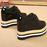 Women Shoes Patent Leather Lace Up Thick Heel Increased Flat Platform Oxford Shoes Woman Loafers Solid Black Casual