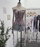 Real Shot One-字 Collared Shoulder Long-Sleeved Mesh Printing Top Irregularly Folded Lotus Leaves With Short T-Shirt
