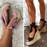 Large Size Beige Heeled Sandals Velvet Shoes Cross-Shoes Clogs Wedge 2024 Summer Espadrilles Platform Big Black High
