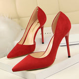 Breakj Simple Thin Heel Ultra High Heel Suede Shallow Tip Sexy Nightclub Show Thin Side Hollow Single