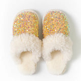 Sequins Home Fur Slippers Women Winter Keep Warm Plush Flat Cotton Shoes Woman Indoor Bedroom Soft Sole Fluffy
