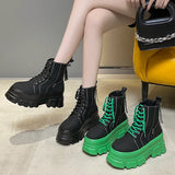 Green Punk Chunky Platform Ankle Boots for Women Autumn Winter Thick Bottom Motorcycle Boots Wedges Gothic Shoes
