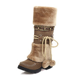 Style Women Boots Suede Leather Cotton Shoes for Women Plush Warm Snow Boots Retro Square Toe Thick Heel Mid-Calf