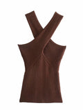 Women Fashion Solid Cropped Knitted Tops Female Casual Cross V-Neck Out Shoulder Chic