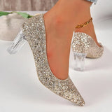Shiny Crystal Silver Pumps Women 2024 New Clear Thick Heels Wedding Party Shoes Woman Plus Size Sequin Pointed Toe