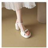 Summer New Vintage Sandals One Line Buckle Beach Sandals Round Head Bow High Heel Sandals