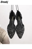 Women Luxury Rhinestone Ballet Flats Cross-Tied Lace Up Flat Shoes Woman Crystal D'orsay Wedding Shoes Glitter